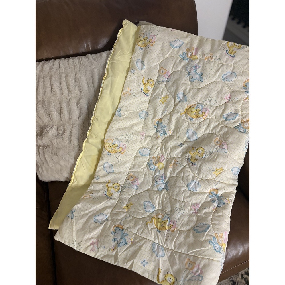 Vintage 1986 Dundee Mills Baby Blanket Quilted Bear Bunny Kitten Yellow Dot